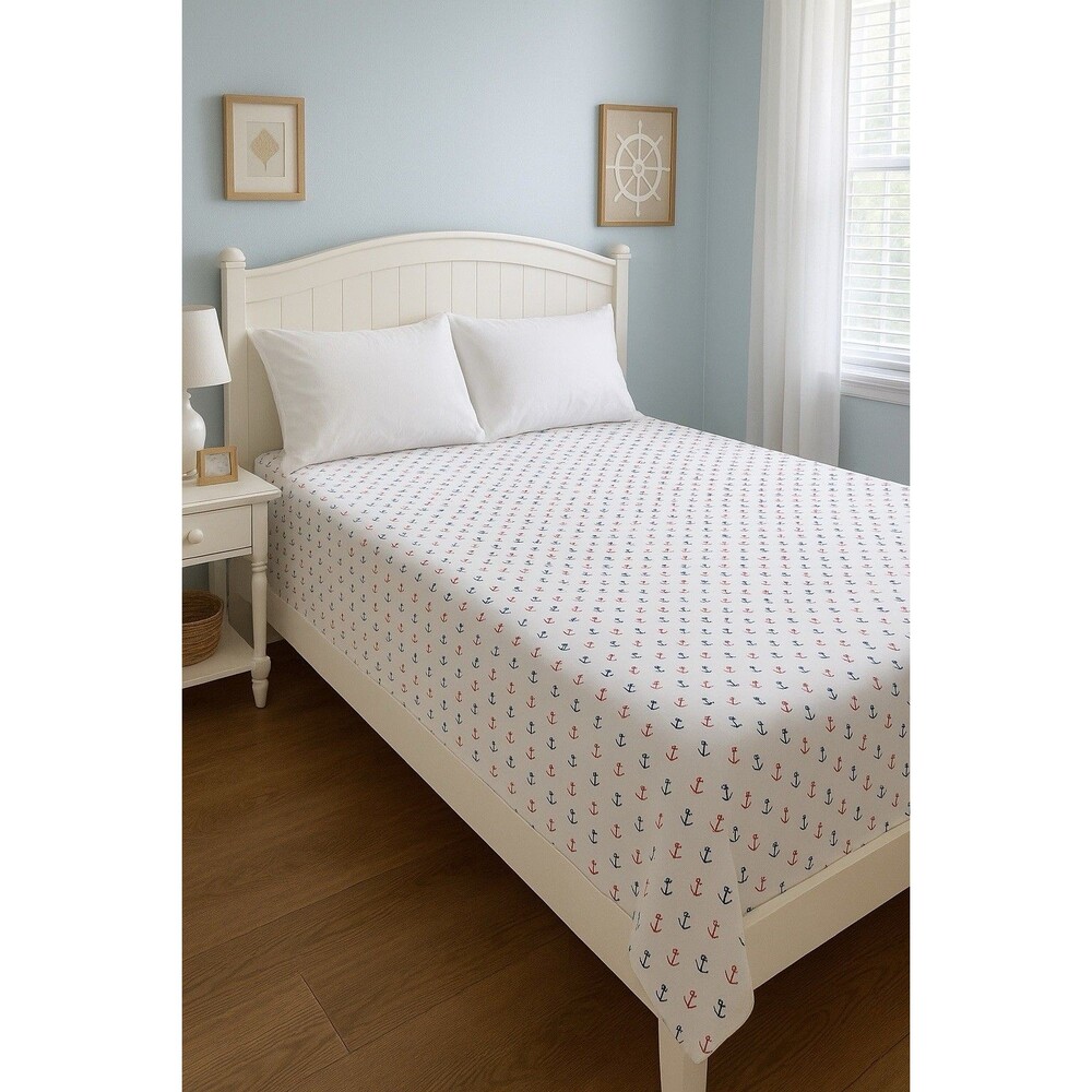 Ralph Lauren Full Sheet Set Nautical Anchor Print Coastal Cotton Flat Fitted